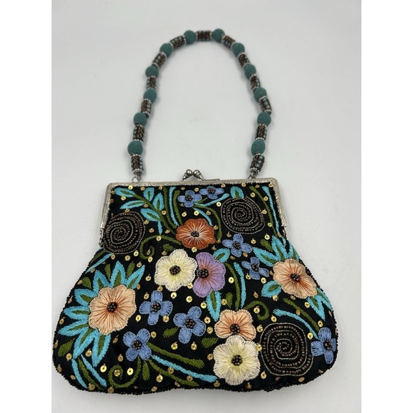Bougainvillea Handbags - Bougainvillea Floral Beaded Embroidered Sequin Kiss Lock Clutch Strap Lined